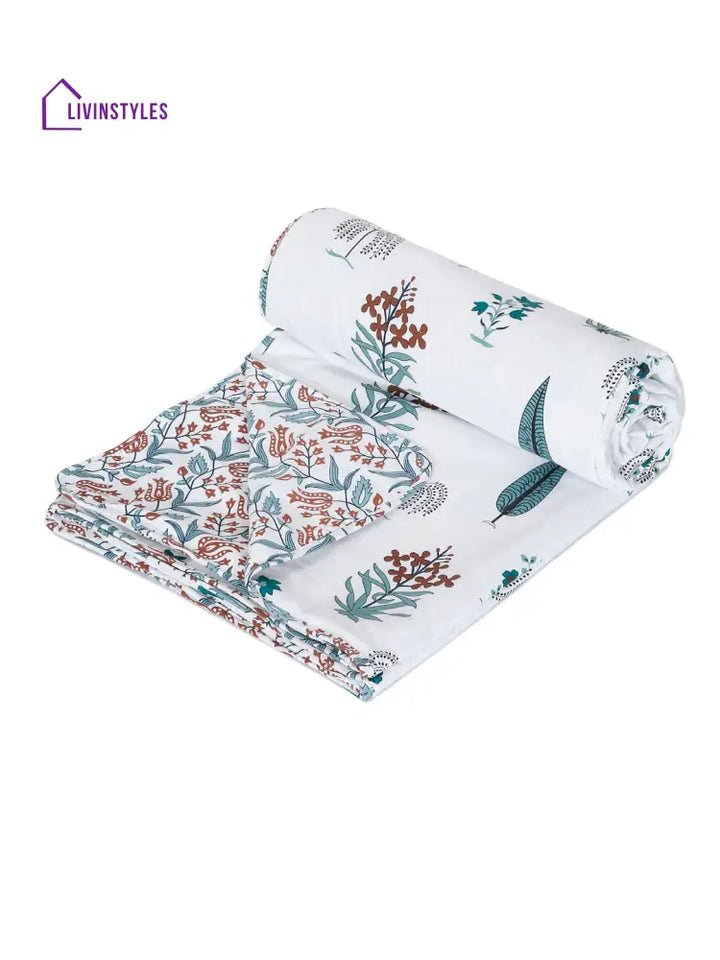 White Floral Printed 120 Gsm Revesible Cotton Single Bed Ac Dohar