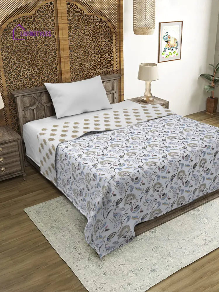 White Floral Printed 120 Gsm Revesible Cotton Single Bed Ac Dohar