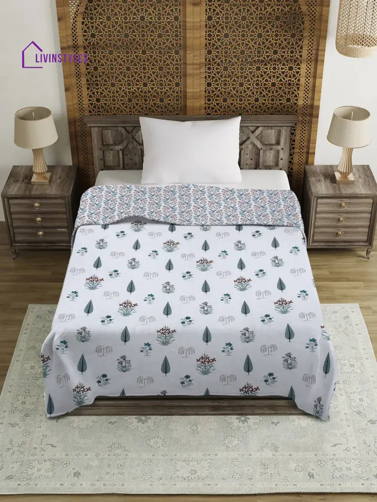 White Floral Printed 120 Gsm Revesible Cotton Single Bed Ac Dohar