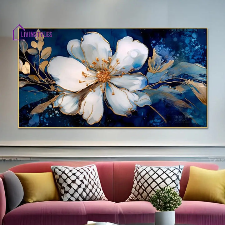 White Flower With Gold Accents Wall Painting