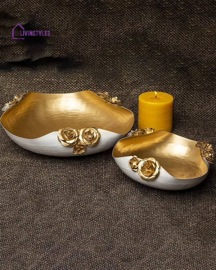 White & Golden Self Design Decorative Bowls | Set Of 2 Urli