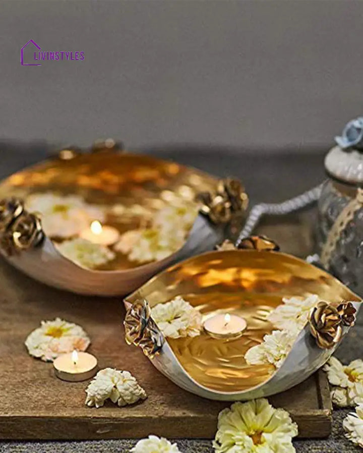 White & Golden Self Design Decorative Bowls | Set Of 2 Urli