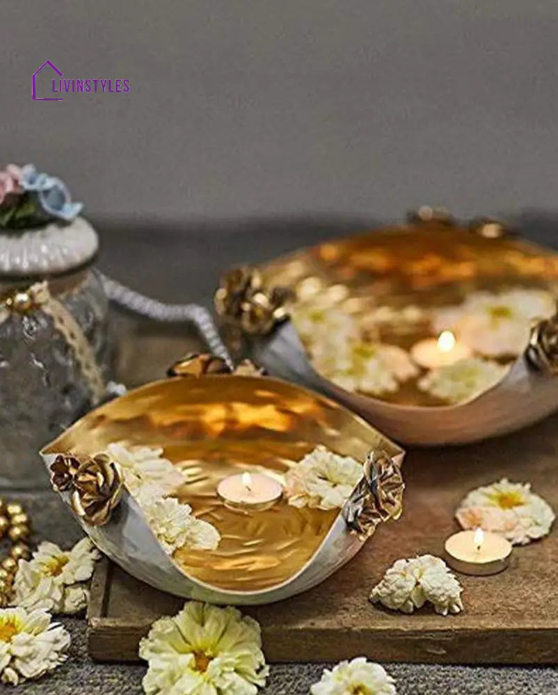 White & Golden Self Design Decorative Bowls | Set Of 2 Urli