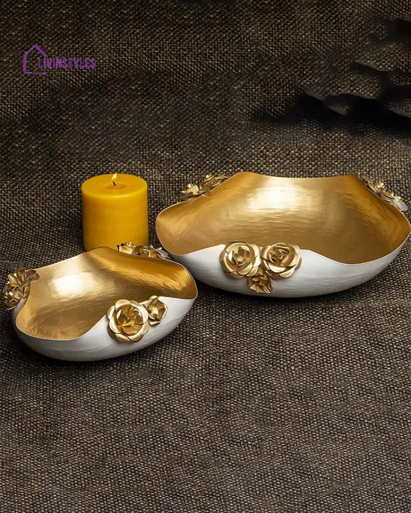 White & Golden Self Design Decorative Bowls | Set Of 2 Urli