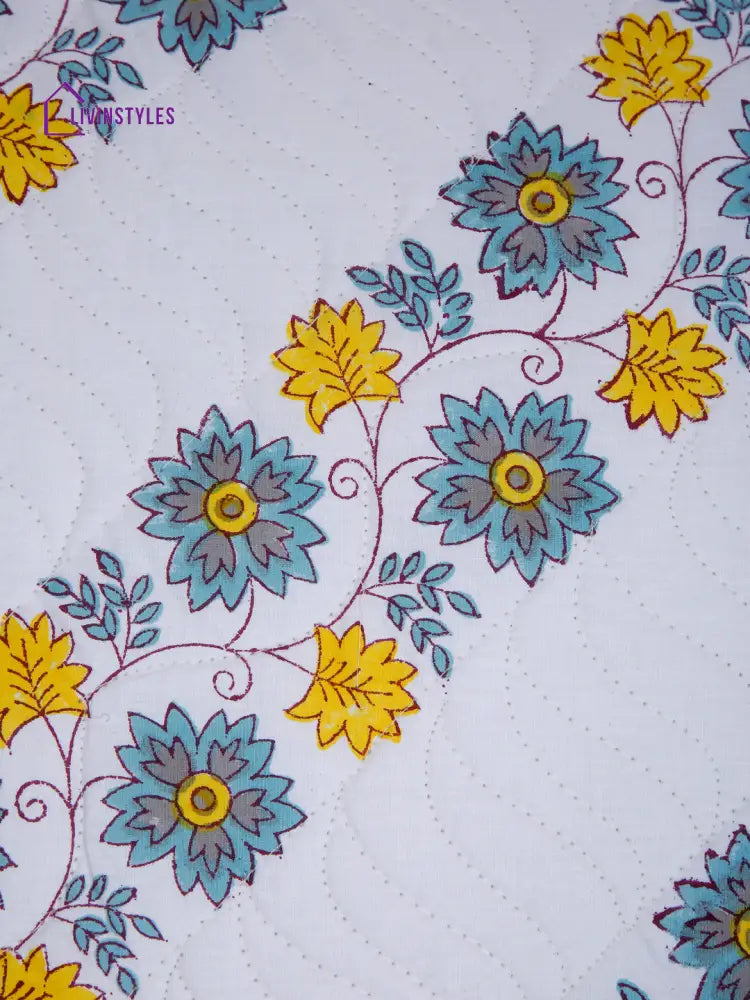 White Hand Block Quilted Pure Cotton Blue And Yellow Floral Cushion Cover Set Of 2 (16X16 Inch)