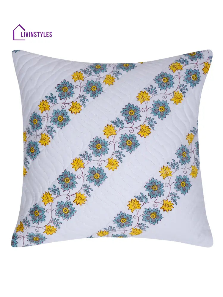 White Hand Block Quilted Pure Cotton Blue And Yellow Floral Cushion Cover Set Of 2 (16X16 Inch)