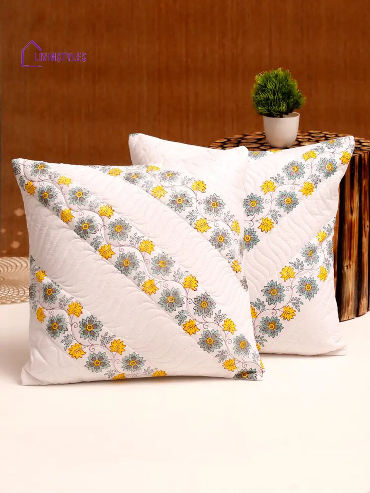 White Hand Block Quilted Pure Cotton Blue And Yellow Floral Cushion Cover Set Of 2 (16X16 Inch)