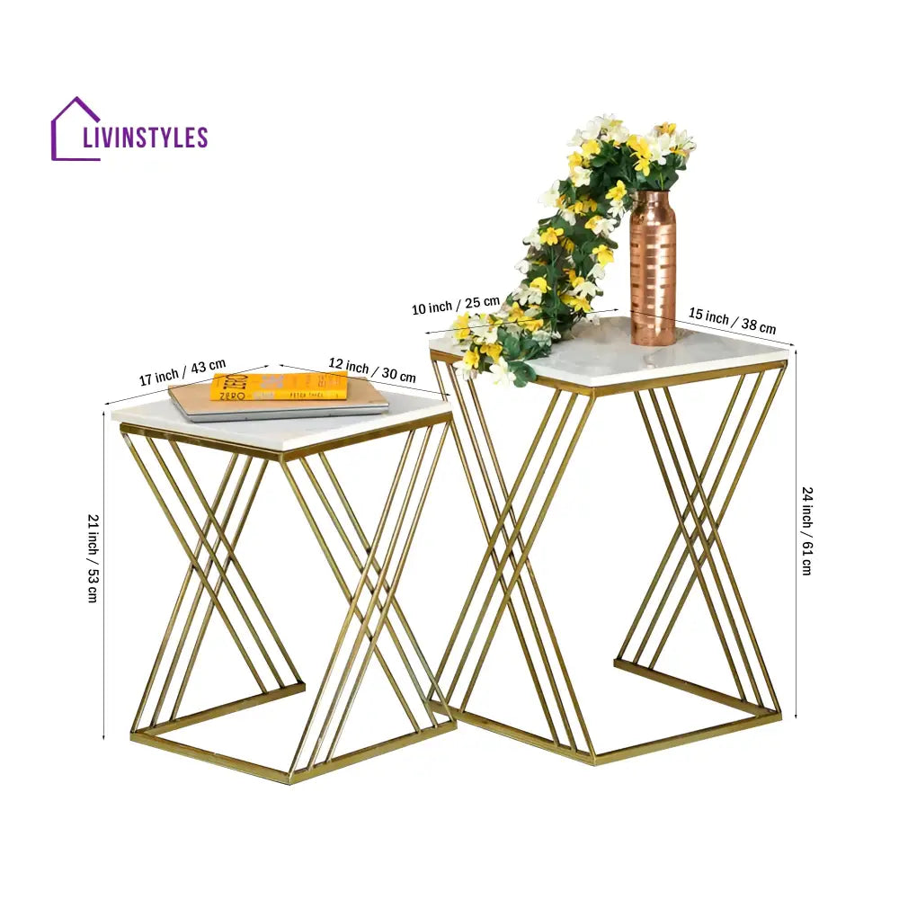 White Marble Golden Iron Stand Side Coffee Table Set of 2 Table