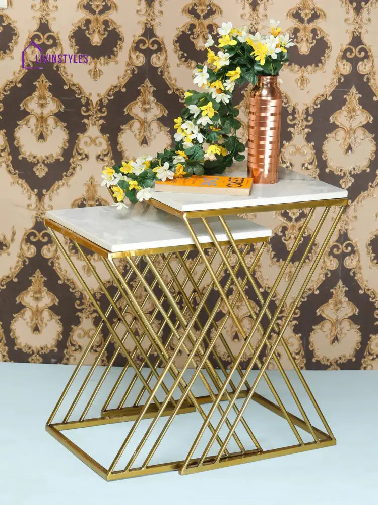 White Marble Golden Iron Stand Side Coffee Table Set of 2 Table