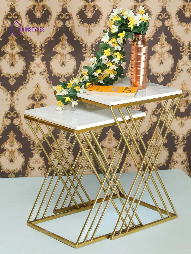 White Marble Golden Iron Stand Side Coffee Table Set of 2 Table