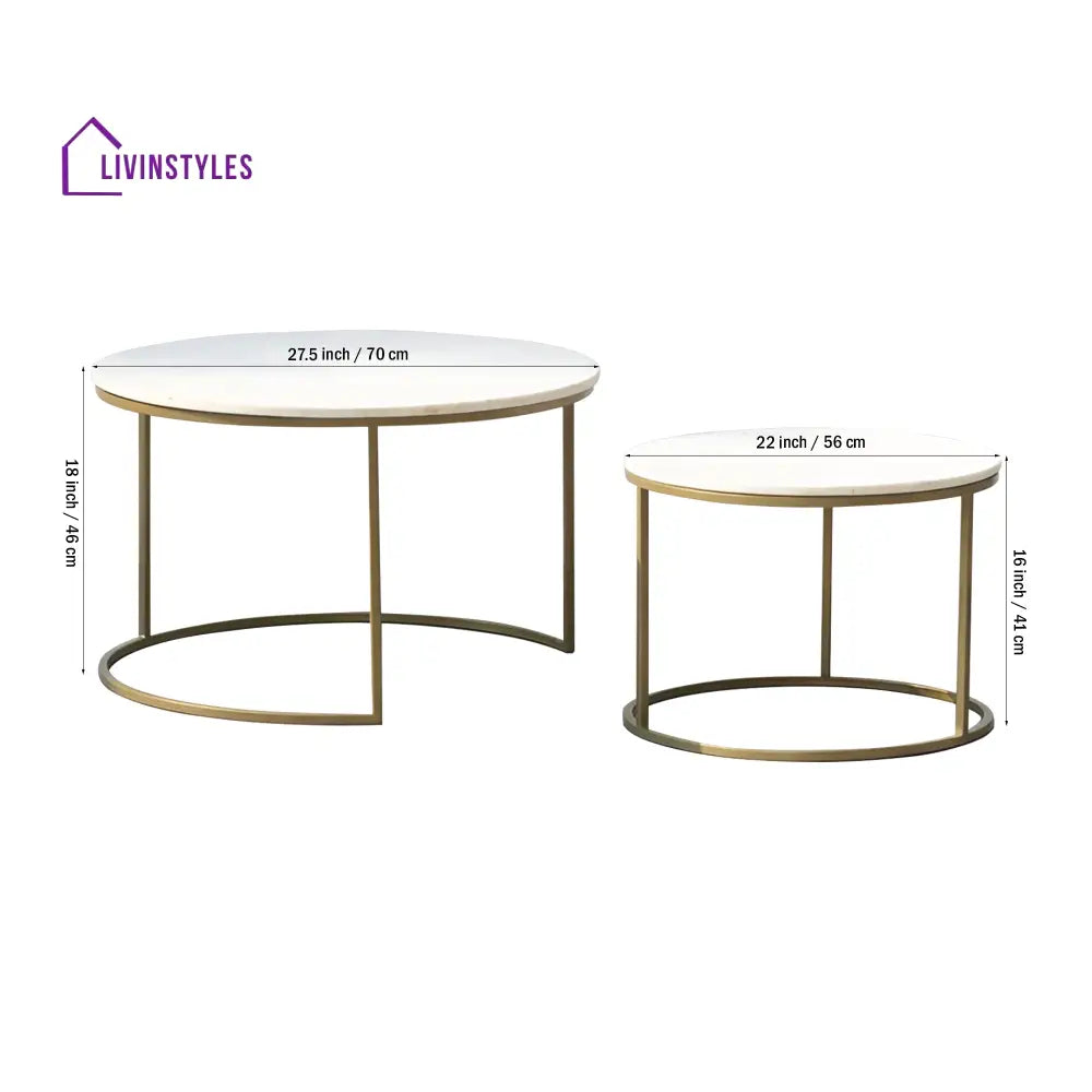 White Marble Round Iron Stand Coffee Tables Set of 2 Table