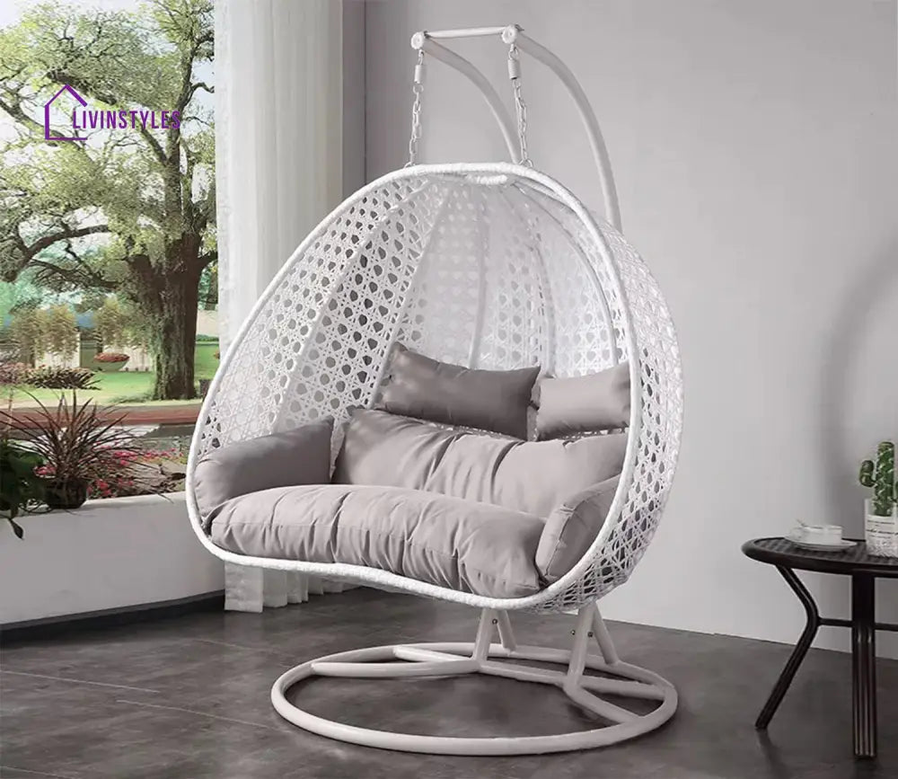 White Metal Swing Chair With Grey Cushion