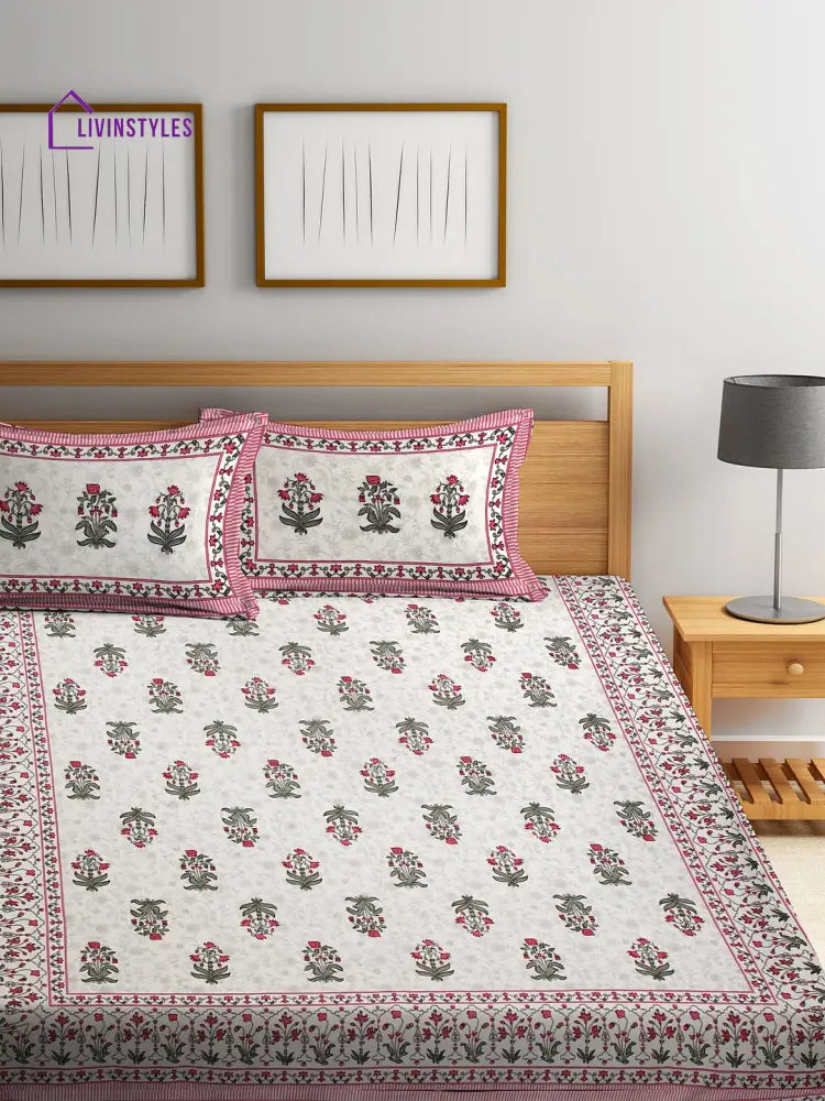 White Screen Block Print Jaipuri Cotton Floral Pattern Double Bedsheet With 2 Pillow Covers