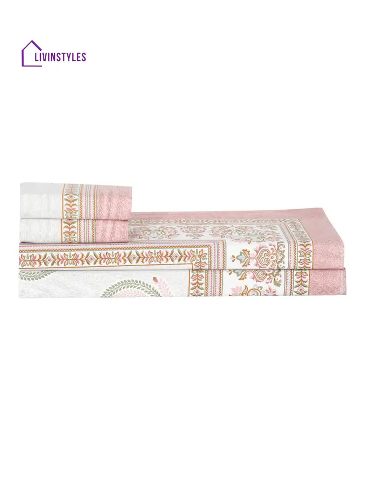 Whiteand Peach Ethnic Motif 180 Tc Cotton Super King Bed Sheet With 2 Pillow Covers