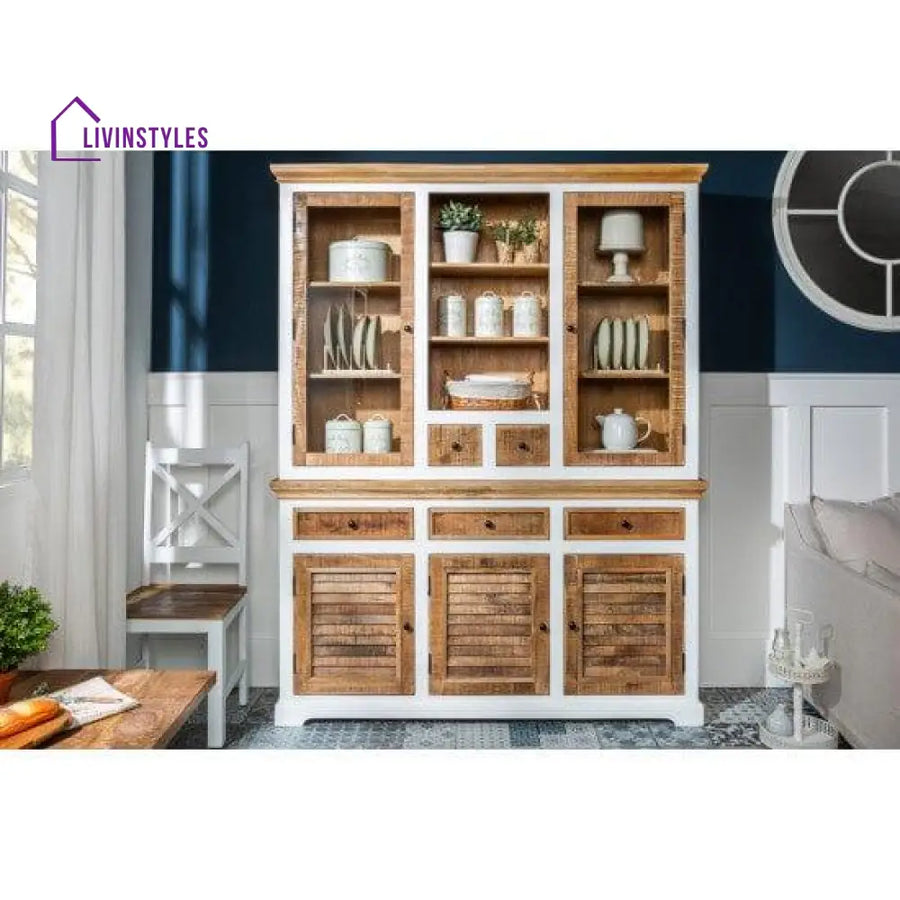 Whitewave Solid Wood Crockery Cabinet | Large Hutch Kitchen Storage Furniture 150X45X180 Cm