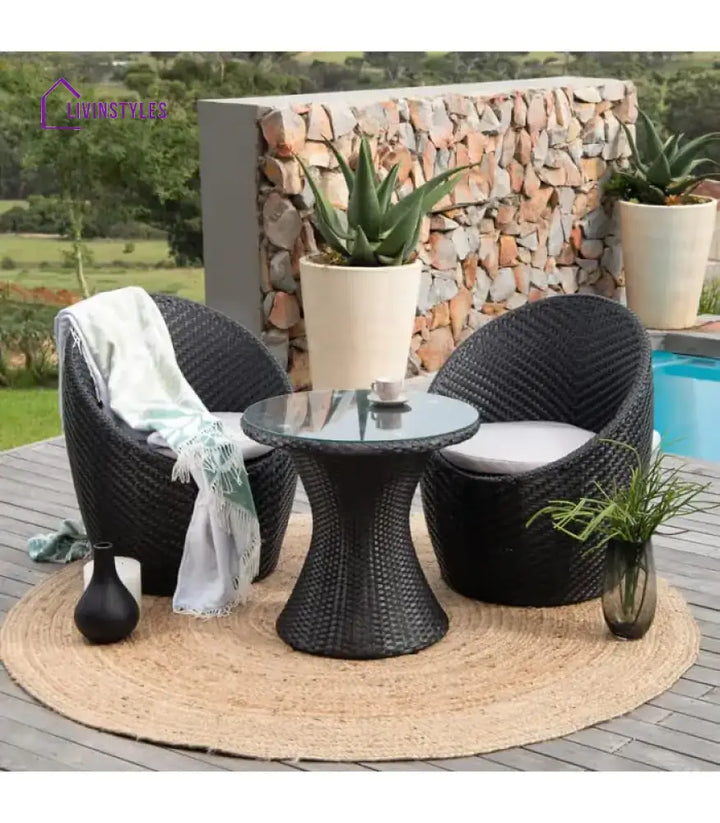 Wicker Furniture Set With Cushions – Small Space Garden & Backyard (Black Off White)