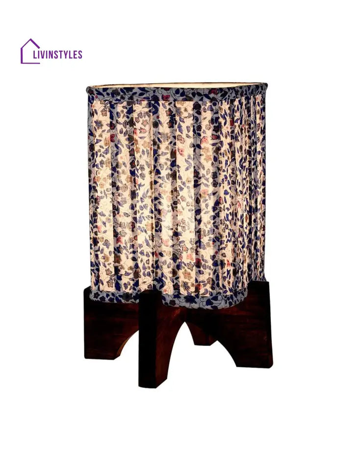 Wooden Brown Base Lamp With Pleeted Blue Tinyleaves Soft Shade