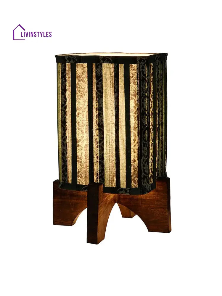 Wooden Brown Base Lamp With Pleeted Green Blockprint Soft Shade