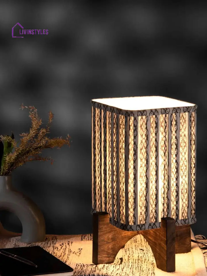 Wooden Brown Base Lamp With Pleeted Grey Chainprint Soft Shade