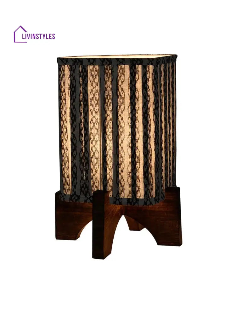 Wooden Brown Base Lamp With Pleeted Grey Chainprint Soft Shade