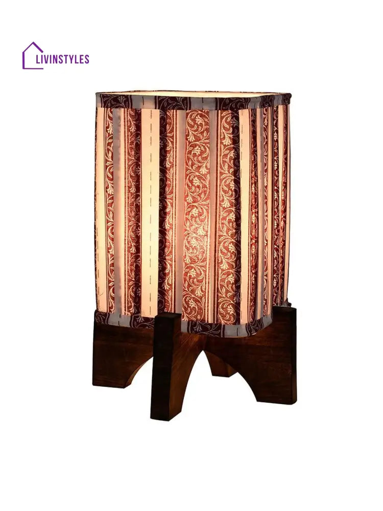 Wooden Brown Base Lamp With Pleeted Red Leafyprint Soft Shade