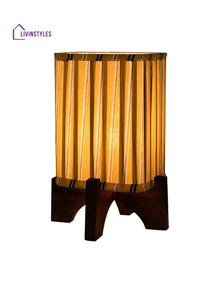 Wooden Brown Base Lamp With Pleeted Yellow Candyprint Soft Shade