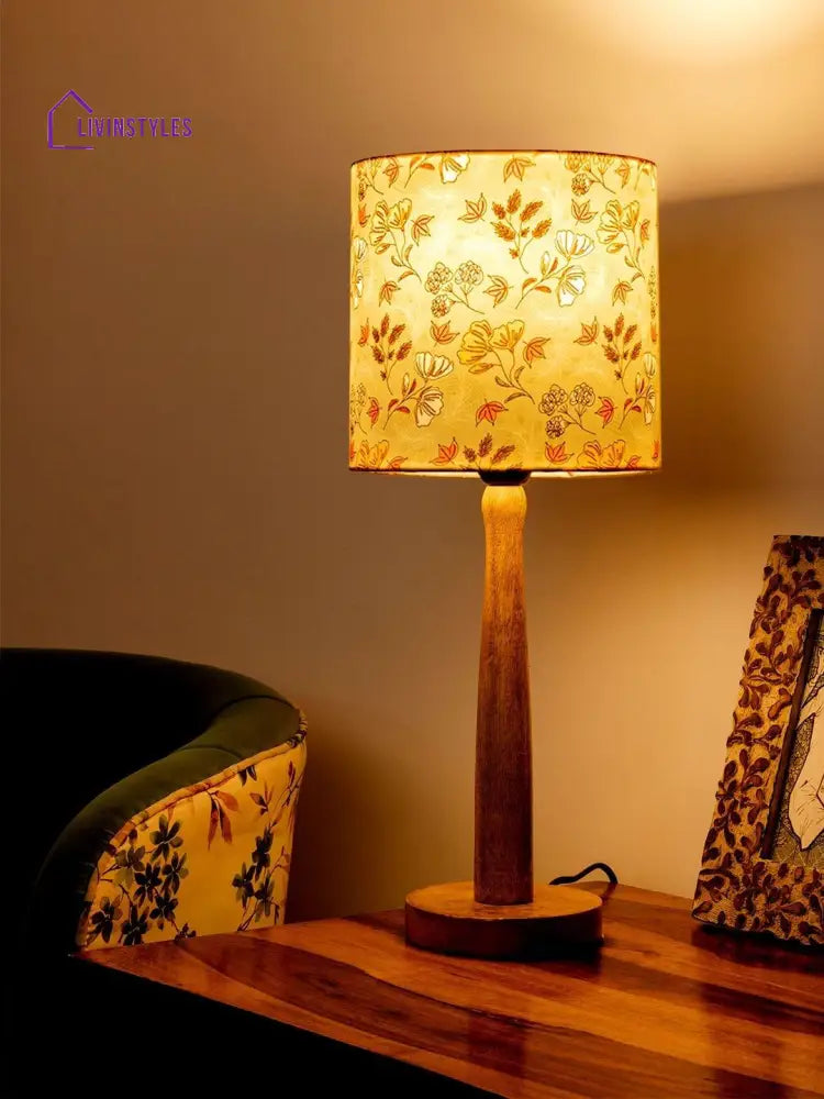 Wooden Brown Lamp With Blue Gardenia Shade