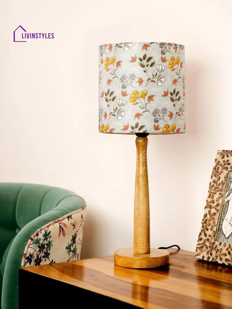 Wooden Brown Lamp With Blue Gardenia Shade