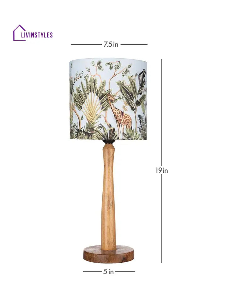 Wooden Brown Lamp With Jungle Print Shade