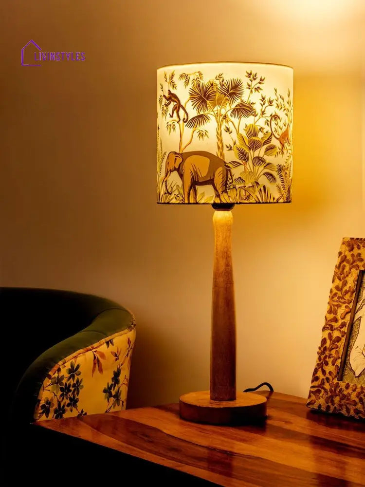 Wooden Brown Lamp With Jungle Print Shade