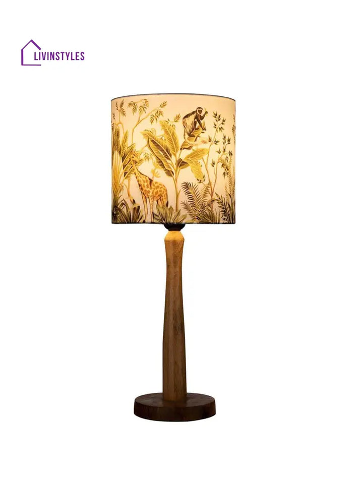 Wooden Brown Lamp With Jungle Print Shade