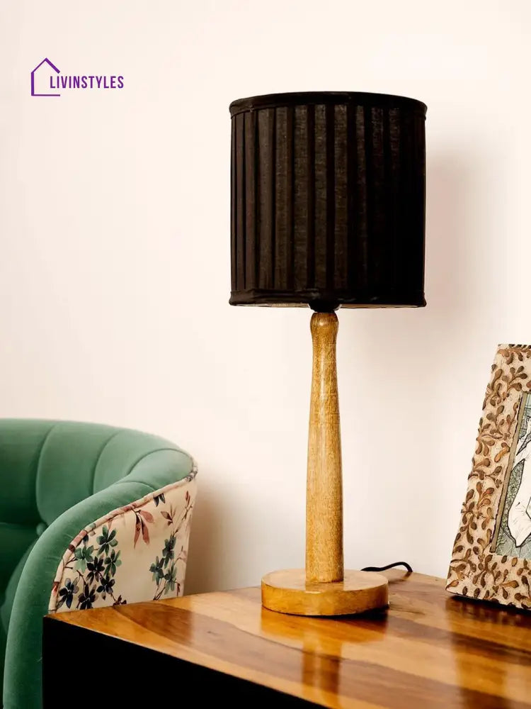 Wooden Brown Lamp With Pleeted Balck Shade