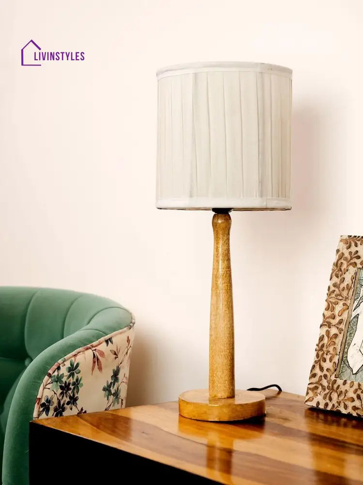 Wooden Brown Lamp With Pleeted Balck Shade