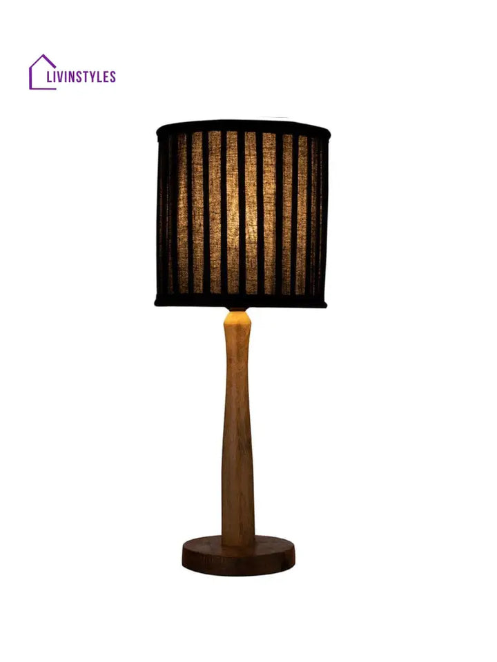 Wooden Brown Lamp With Pleeted Balck Shade