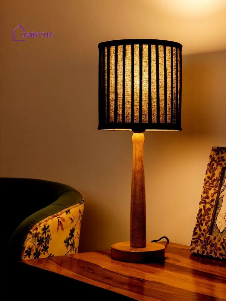 Wooden Brown Lamp With Pleeted Balck Shade