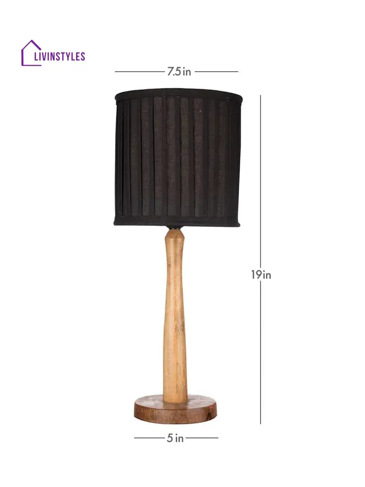 Wooden Brown Lamp With Pleeted Balck Shade