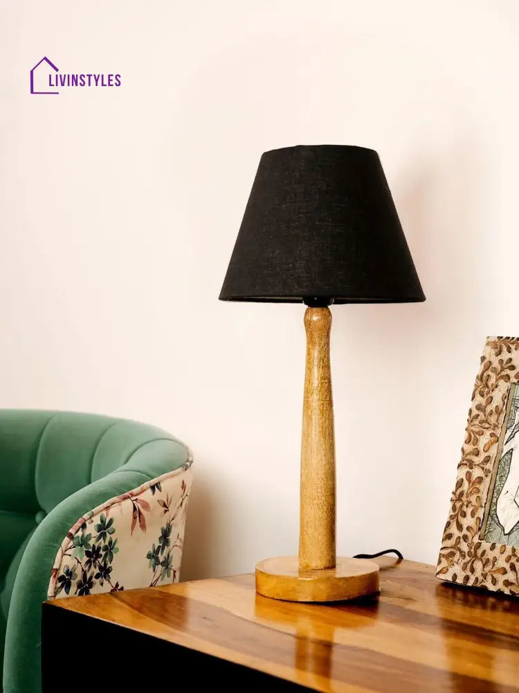 Wooden Brown Lamp With Taper Black Cotton Shade