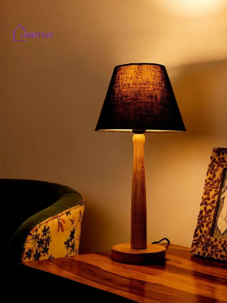 Wooden Brown Lamp With Taper Black Cotton Shade