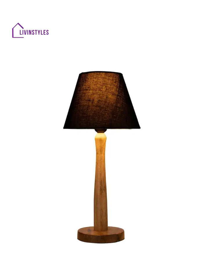 Wooden Brown Lamp With Taper Black Cotton Shade