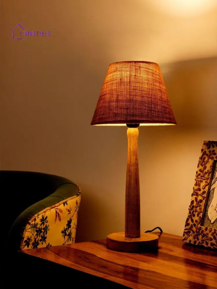 Wooden Brown Lamp With Taper Jute Shade