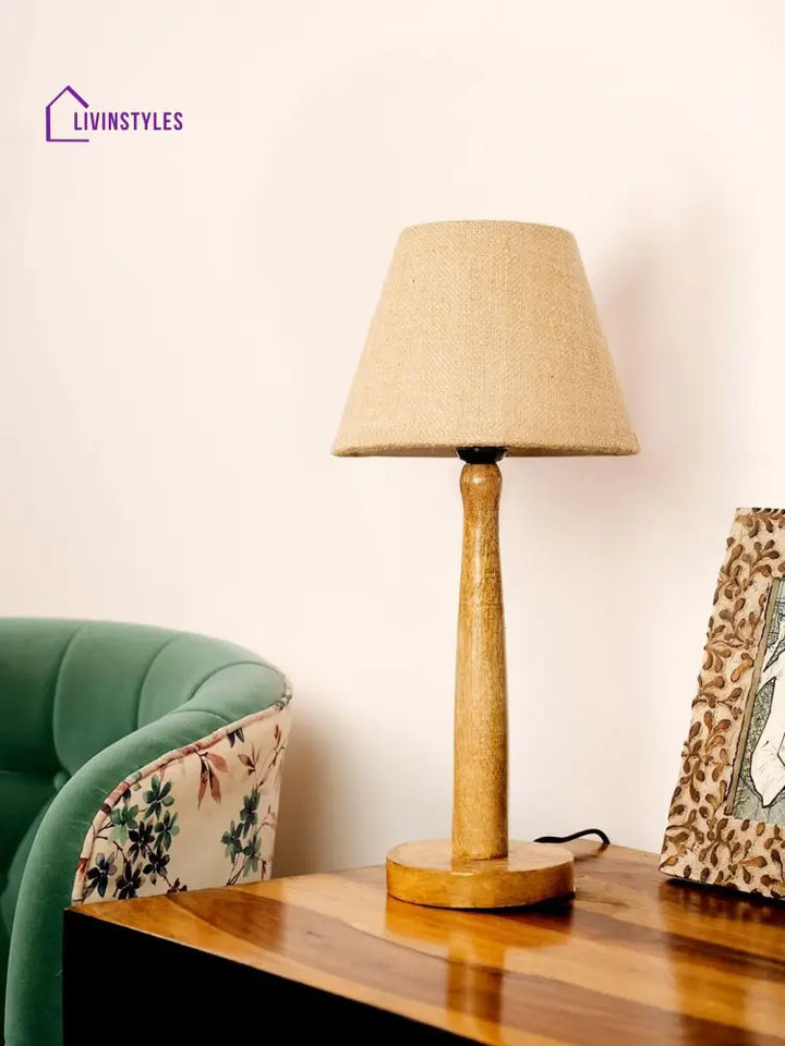 Wooden Brown Lamp With Taper Jute Shade