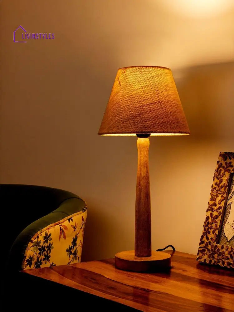 Wooden Brown Lamp With Taper White Jute Shade