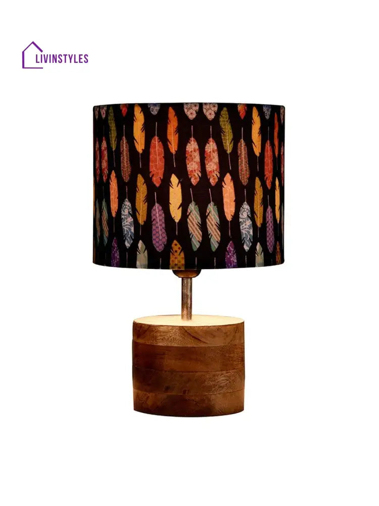 Wooden Brown Log Lamp With Colorful Feathers Shade