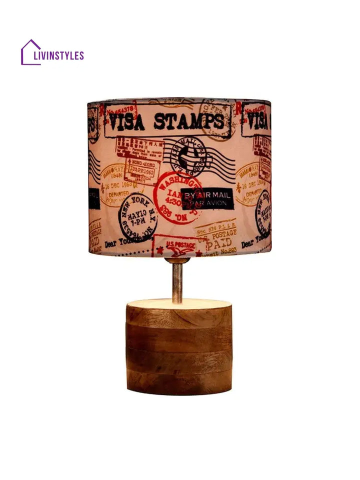 Wooden Brown Log Table Lamp With Multiple Stamps Shade