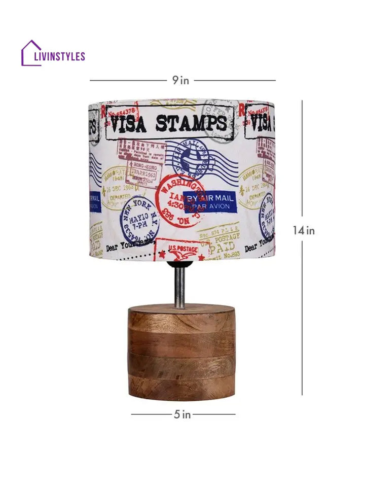 Wooden Brown Log Table Lamp With Multiple Stamps Shade