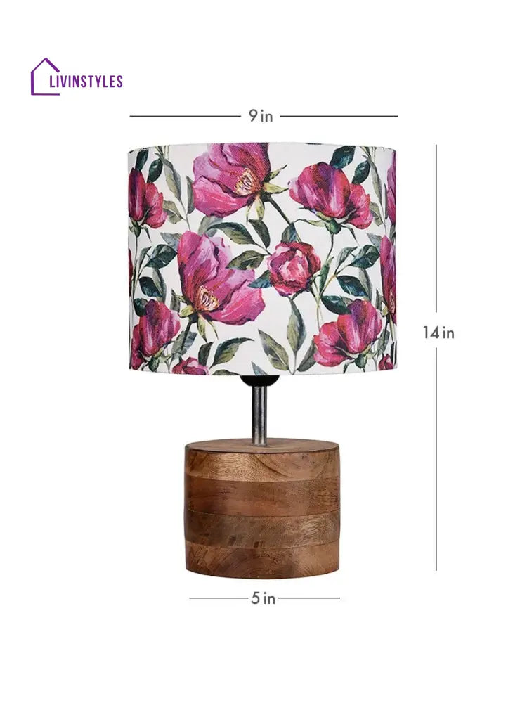 Wooden Brown Log Table Lamp With Pink Rose Shade