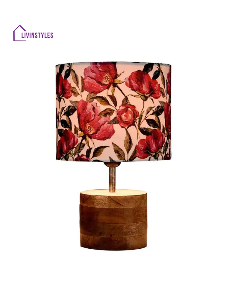 Wooden Brown Log Table Lamp With Pink Rose Shade