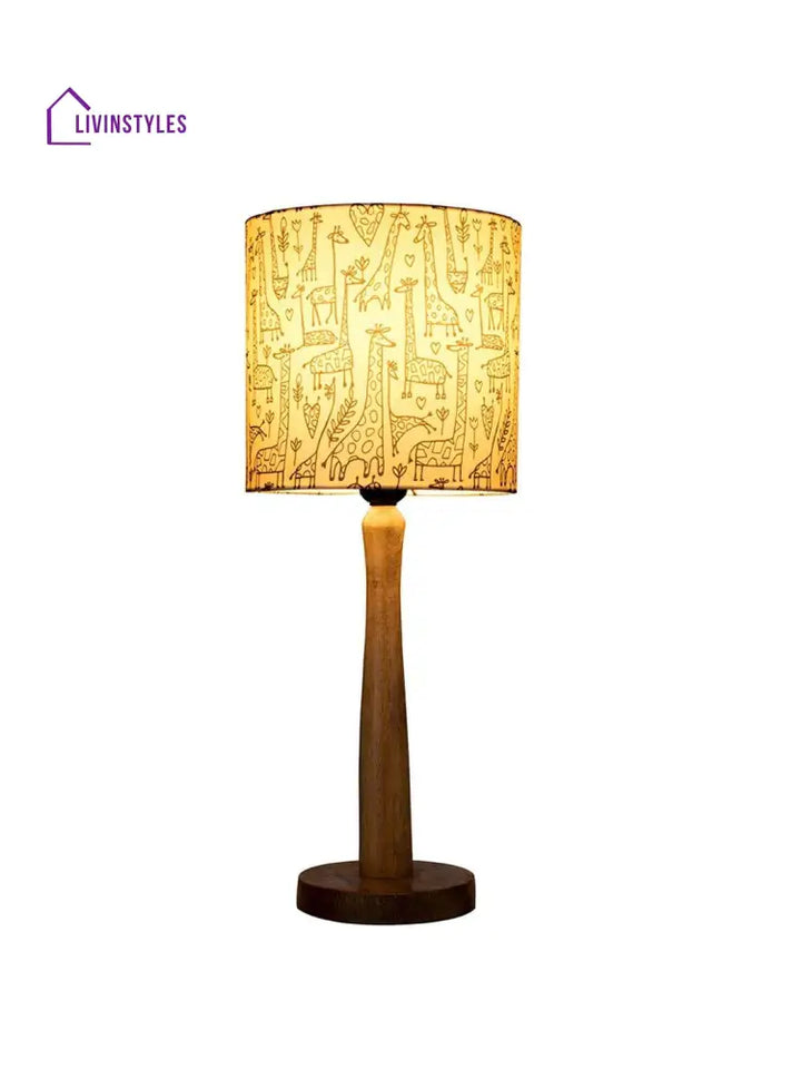 Wooden Brown Table Lamp With Animal Print Shade