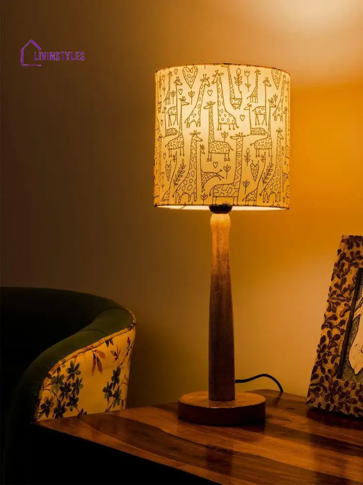 Wooden Brown Table Lamp With Animal Print Shade