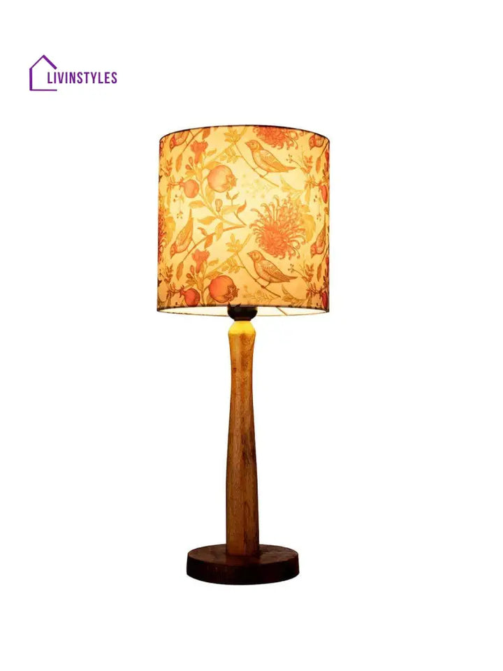 Wooden Brown Table Lamp With Birdy Shade